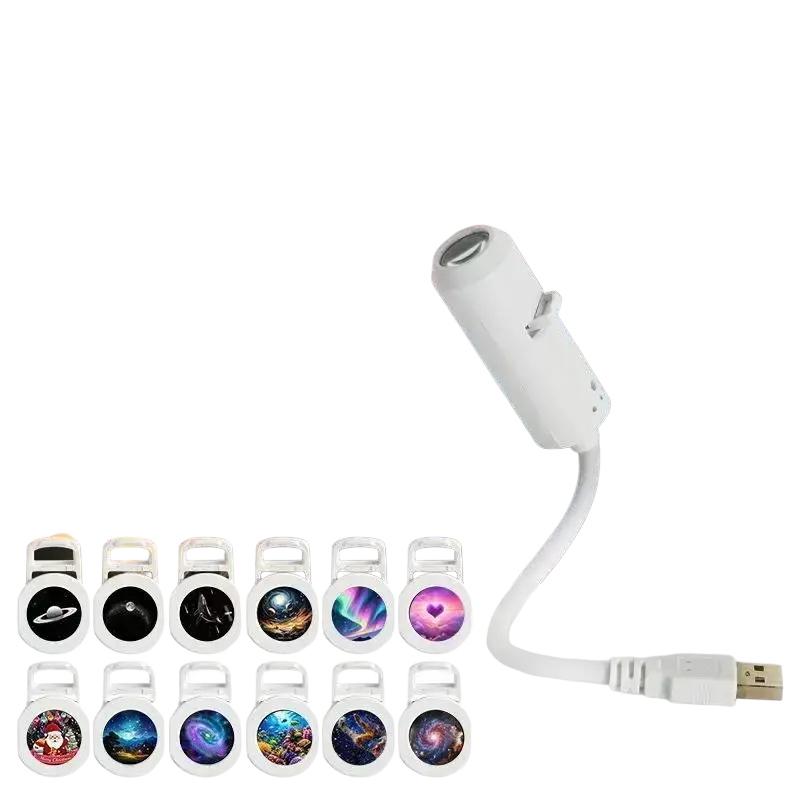 White usb car starry sky night light with flexible gooseneck and interchangeable film discs shown from front angle