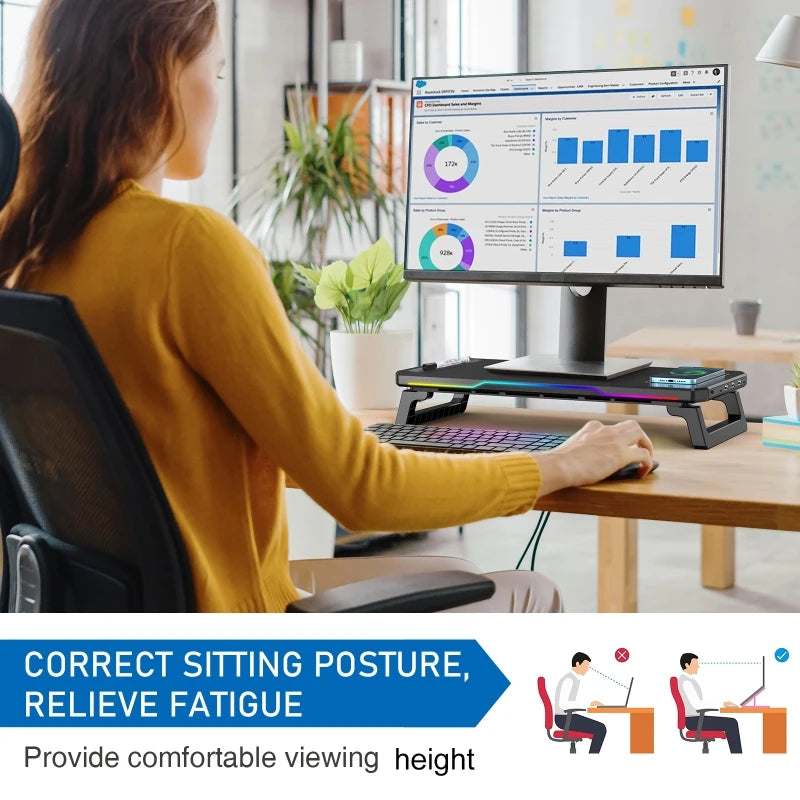 Wireless Charging Computer Stand with RGB Light Monitor Stand Office Docking Station Multifunctional Foldable Desktop Organizer