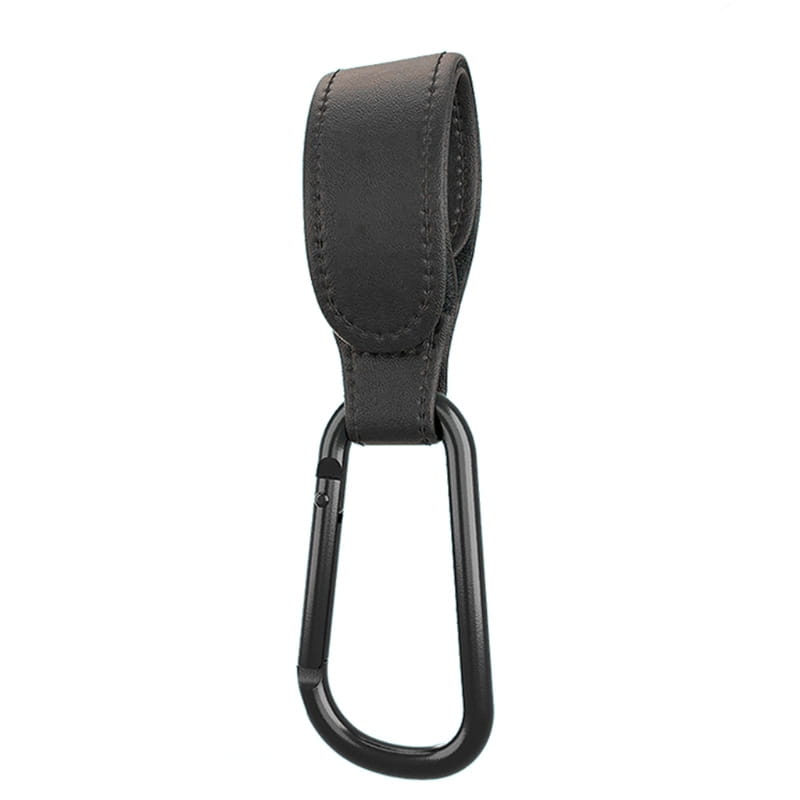 schwarzer Lederriemen-Haken für den Kinderwagen mit schwarzem Karabinerclip, gefertigt aus PU-Leder, für eine verstellbare Aufhängung der Kinderwagen-/Buggytasche