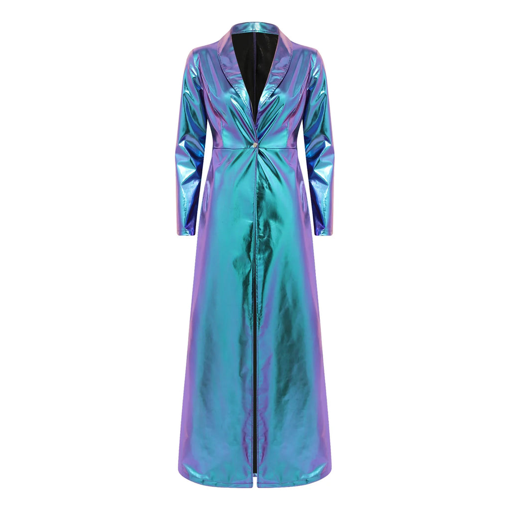 Womens Metallic Trench Coat Turn-down Collar Long–sleeve One Button Gothic Retro Jacket Outerwear Rave Party Clubwear Streetwear