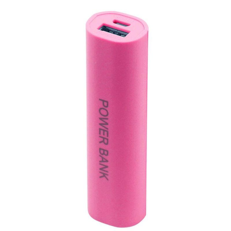 A pink cylindrical portable 18650 power bank case diy shell charger with a usb port and power bank printed vertically on its side.