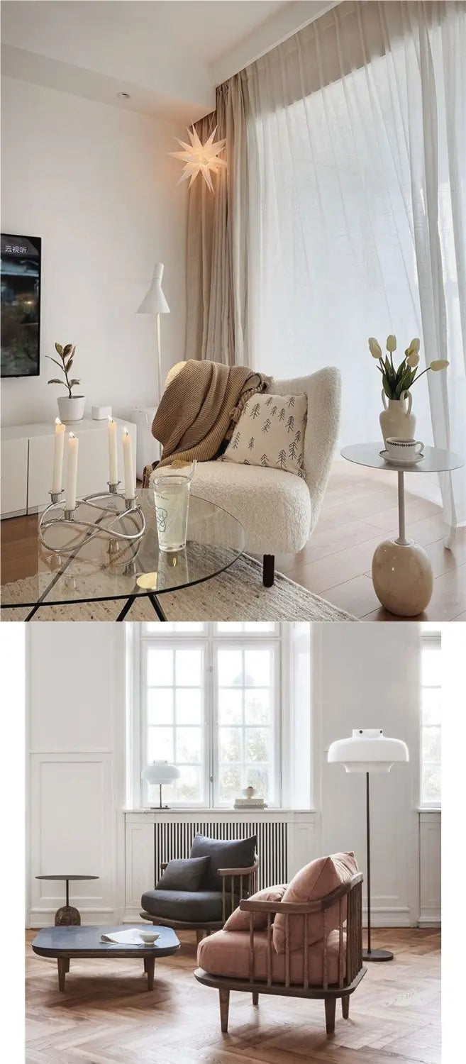 The image displays two distinct living room scenes featuring an off-white upholstered armchair with patterned cushions and a draped throw blanket, and a dark gray fabric armchair paired with a minimalist marble metal round side table.