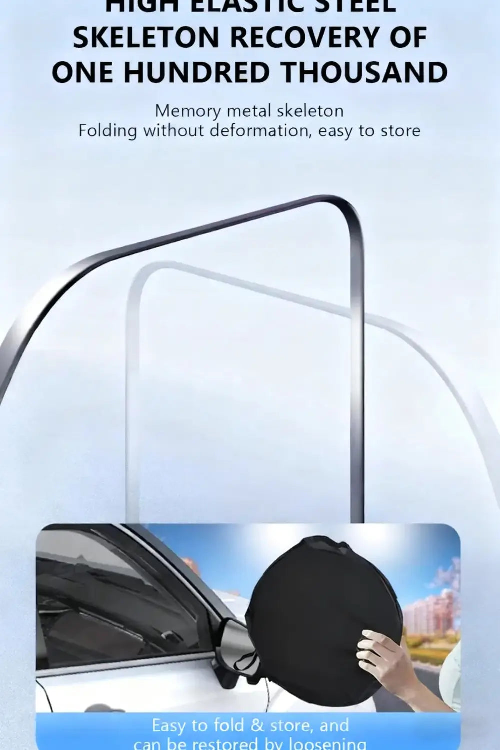 A sleek black circular folding car windshield sun shade with a high elastic steel skeleton frame that retains its shape when unfolded and provides five-layer UV protection.