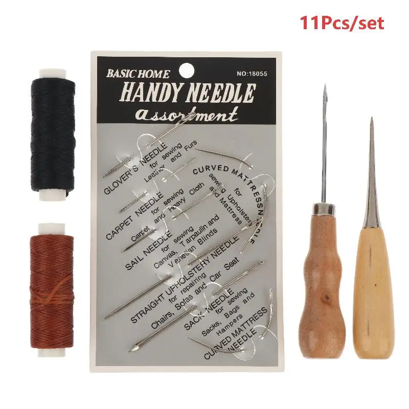 Leather Sewing Tools Kit Wooden Handle Needles Awl Waxed Thread Stitching Groover Thimble For DIY Craft Hand Stitching Repair