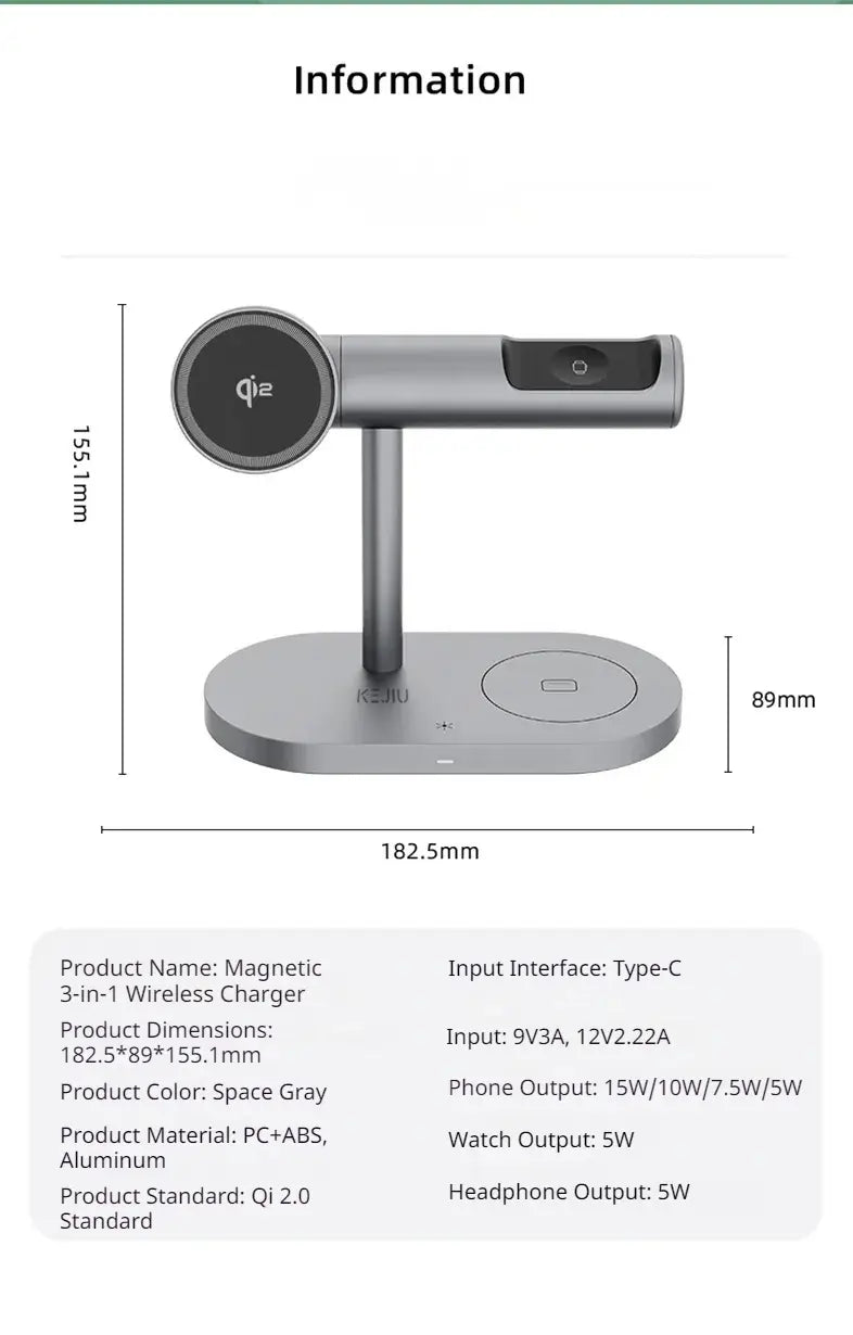Station de charge sans fil gris espace 25 W 7-en-1 avec design magnétique 3-en-1, construction élégante en aluminium et PC+ABS, et prise en charge de la charge rapide qi2.0 pour téléphones, montres et écouteurs.