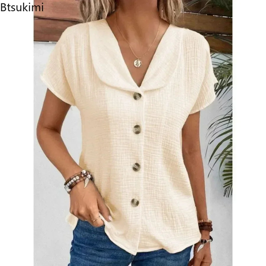 2026 Women's Summer Solid Short Sleeve Blouses Fashion V-neck Loose Casual Button Cardigan Tops Elegant Clothing Women Shirts