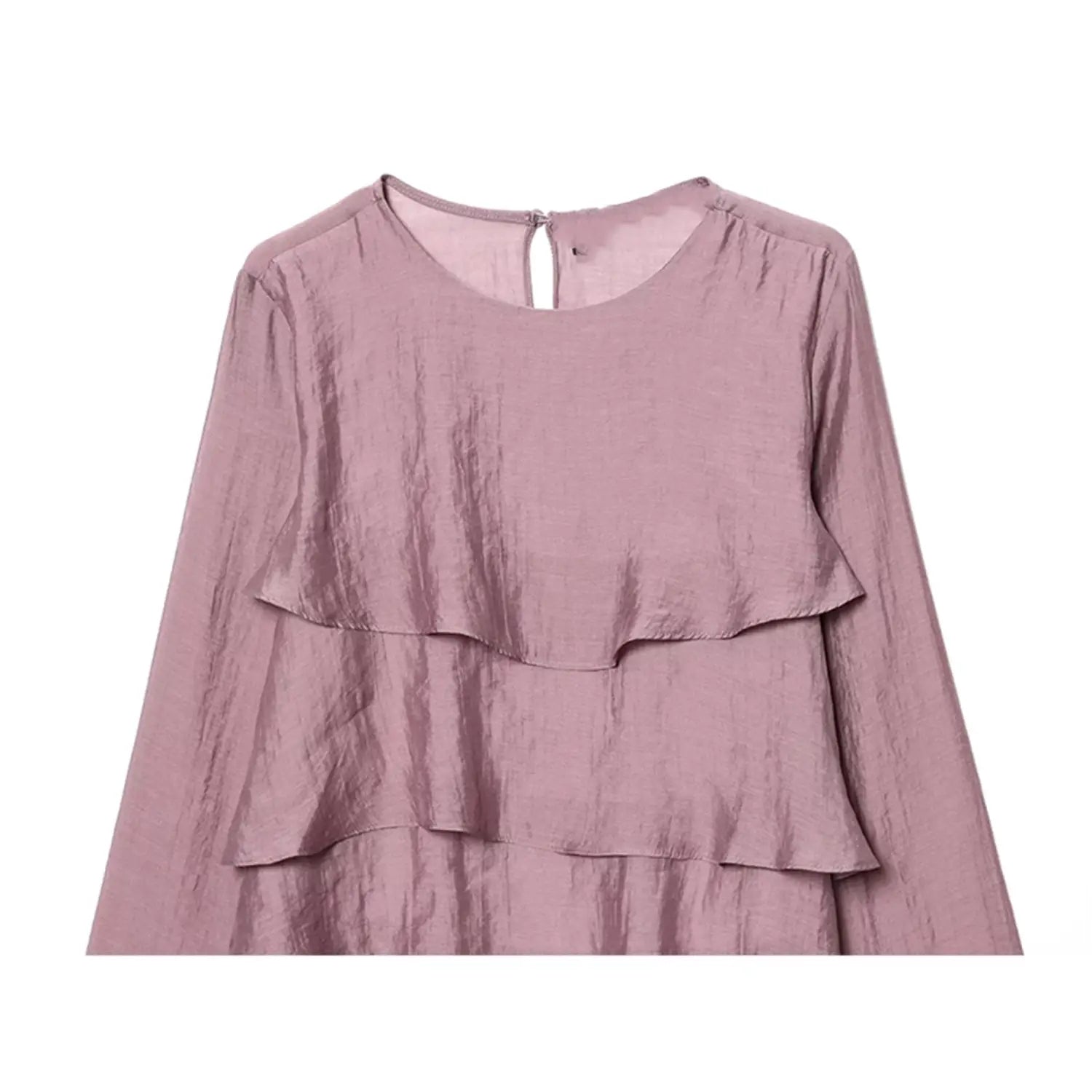 a soft lavender chiffon blouse with flare sleeve style, layered ruffles, subtle sheen, long sleeves, and a keyhole back detail shown from the back side