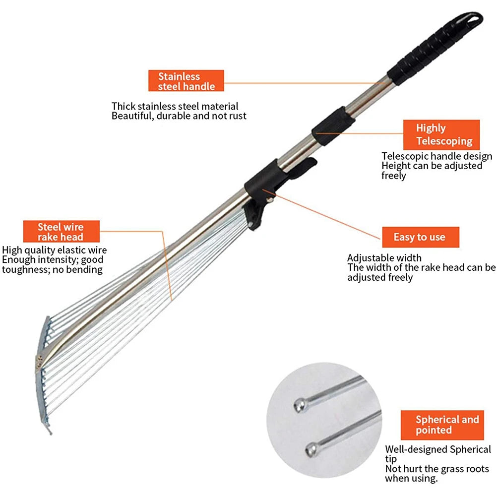 Small Garden Rake Quick Sweep Adjustable Aluminum Alloy Multi Toothed Comfortable To Grip  Garden Leaf Rake for Lawn