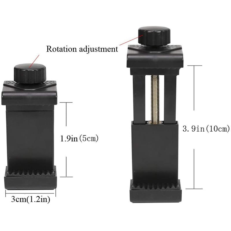 Soporte negro de plástico para teléfono de motocicleta en el manillar y soporte de smartphone, con mecanismo de tornillo roscado y perilla de rotación ajustable, mostrado desde el lado posterior