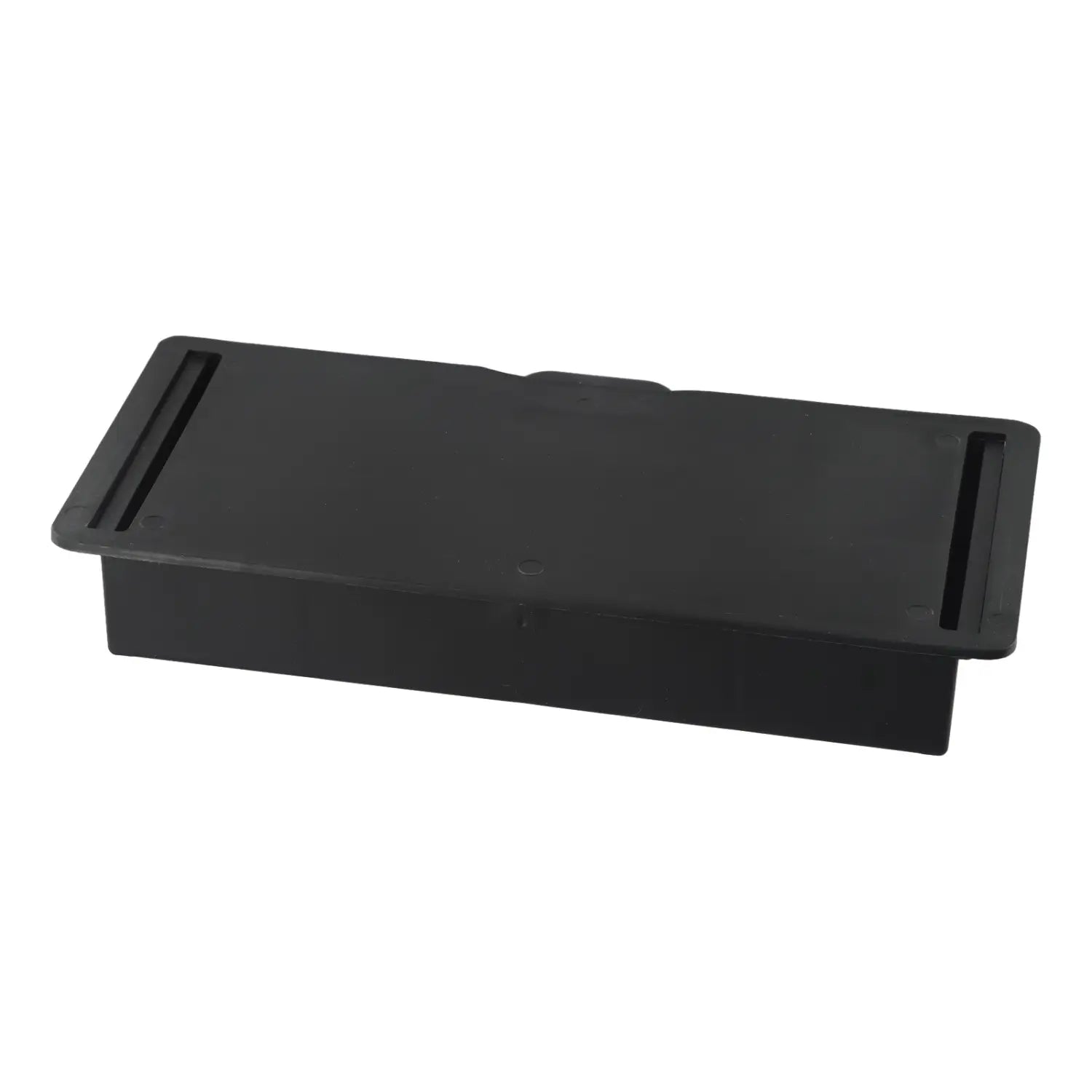 Boîte de rangement en ABS rectangulaire en plastique noir pour organisateur de tiroir sous bureau, avec deux fentes verticales sur la surface supérieure pour la gestion des câbles.