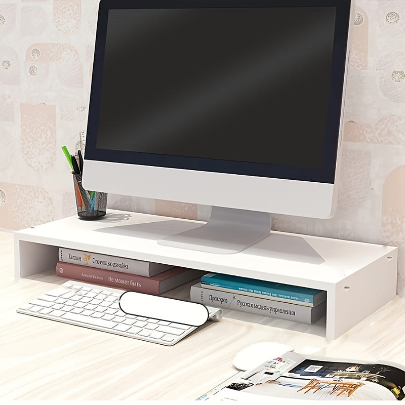 Weiße rechteckige Monitorständer-Konsole mit Ablage für die Tastatur und offenen Regal-Fachbereichen, ausgelegt für eine geordnete Schreibtischorganisation.