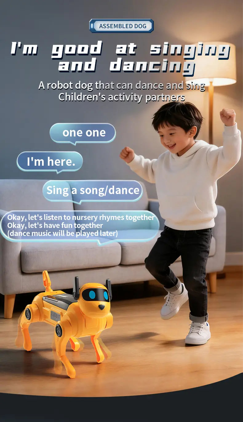 yellow diy assembled dog robot toy made of abs plastic with black eyes and antenna designed for interactive play made in mainland china