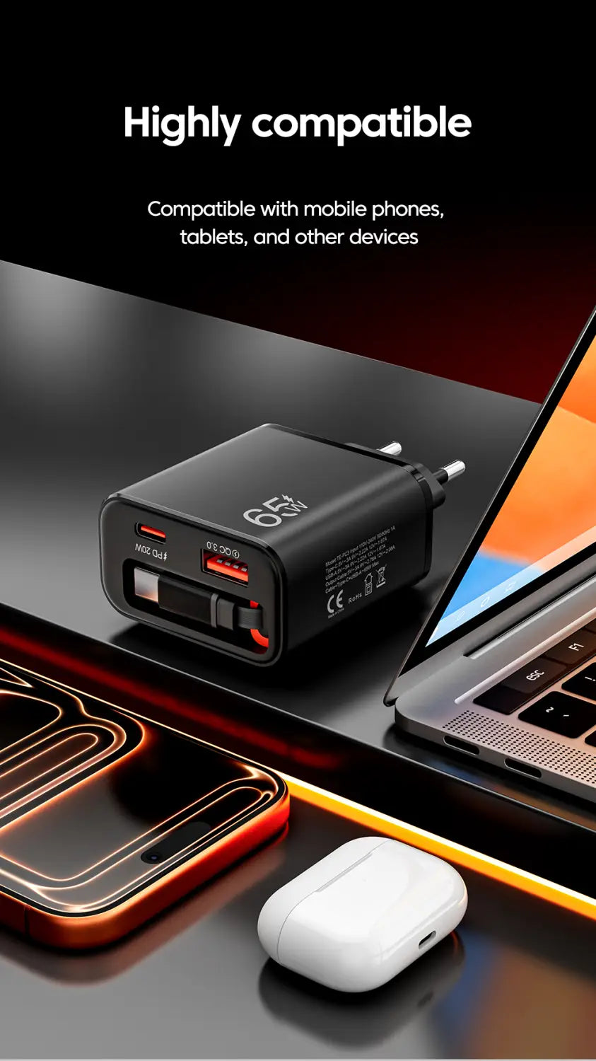 Cargador rápido rectangular para teléfono en color negro con dos puertos USB y enchufe europeo, con cable retráctil para un uso conveniente