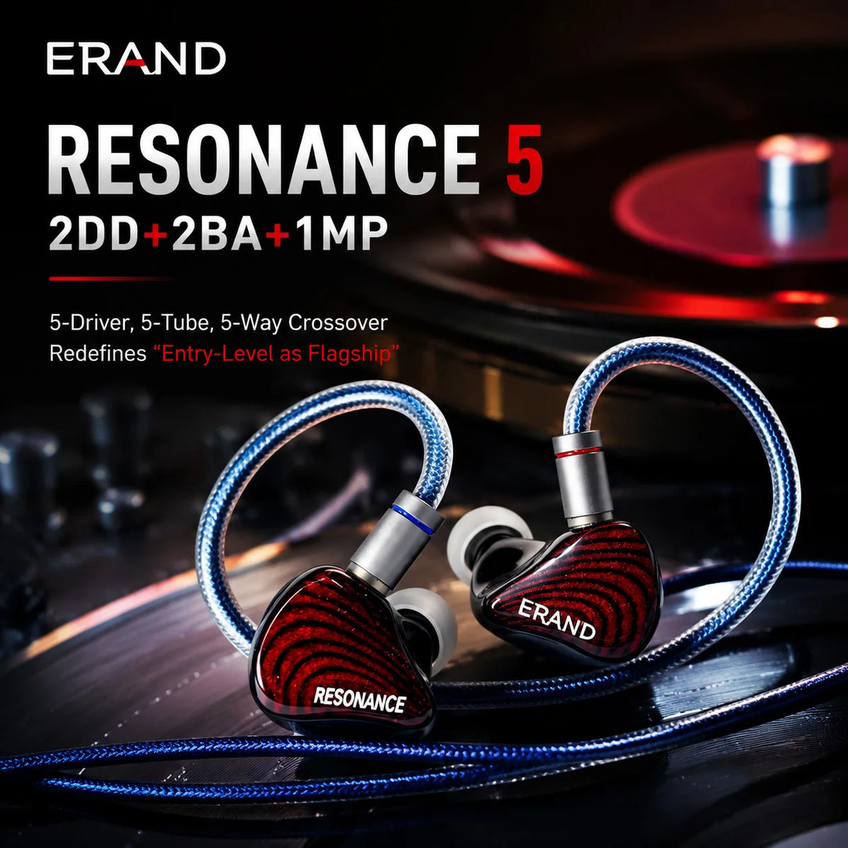 ERAND RESONANCE 5 RED 2DD+2BA+1MP Hybrid IEMs Wired HIFI In-ear Earphones 5-driver 5-tube 5-way Monitor Headphones Earbuds
