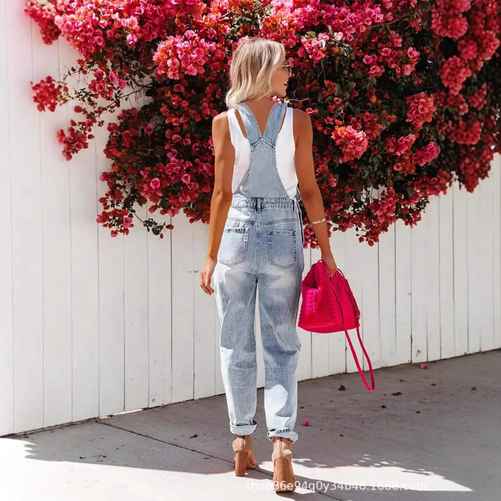 Washed Ripped Casual Denim Suspenders. New Fashion Light Blue European American Style Jumpsuits for Women in Spring and Summer
