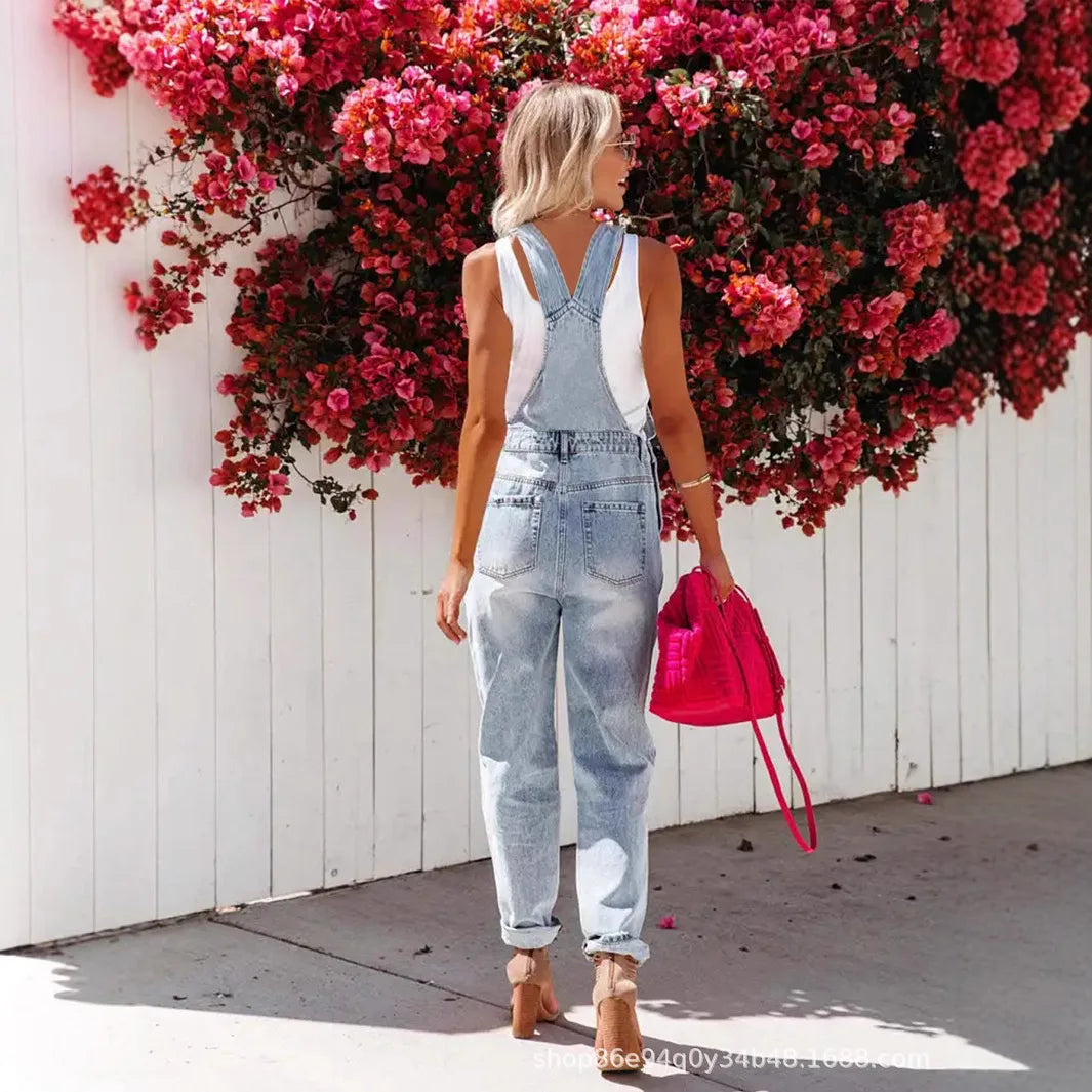 Washed Ripped Casual Denim Suspenders. New Fashion Light Blue European American Style Jumpsuits for Women in Spring and Summer