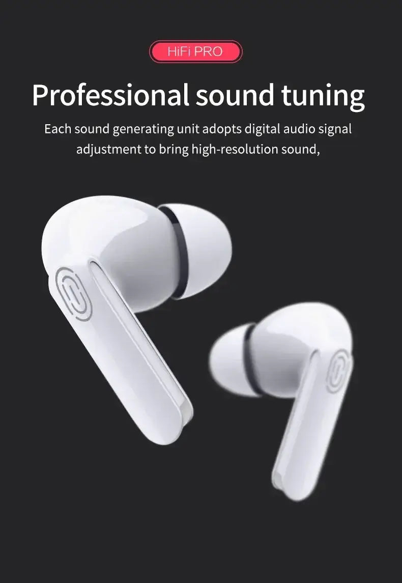 Weiße kabellose Bluetooth-Ohrhörer mit aktiver Geräuschunterdrückung und schlanker glänzender Oberfläche, mit einem minimalistischen Design.