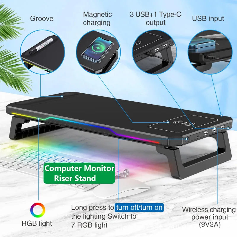 Wireless Charging Computer Stand with RGB Light Monitor Stand Office Docking Station Multifunctional Foldable Desktop Organizer