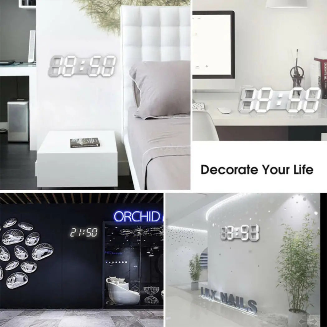 Horloge murale numérique LED 3d moderne argentée avec chiffres illuminés et design minimaliste, dotée d’un affichage 24 heures et d’accents blancs de couleur pour des horloges murales contemporaines.