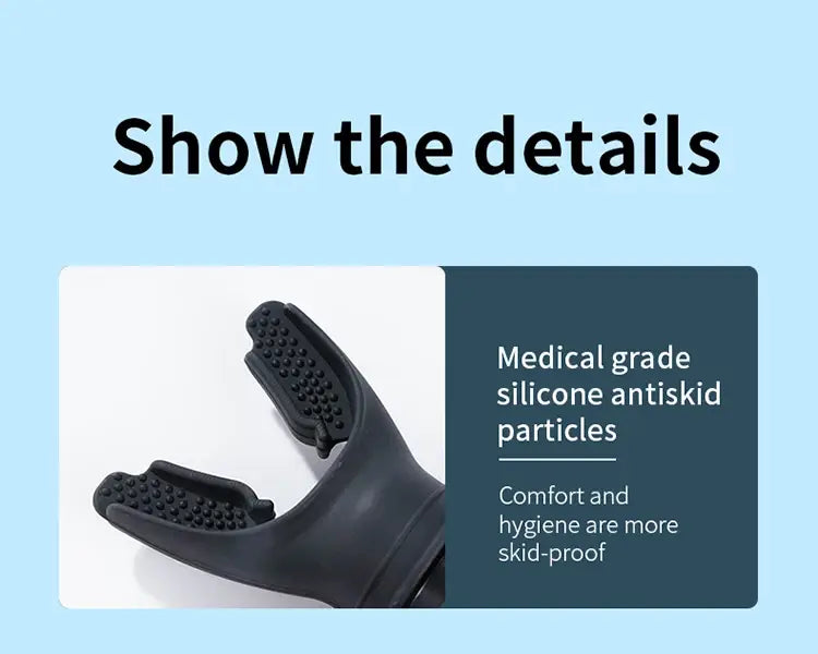 Black medical-grade silicone snorkel mouthpiece with textured antiskid particles for comfort and hygiene used in a respiratory trainer lung fitness device.