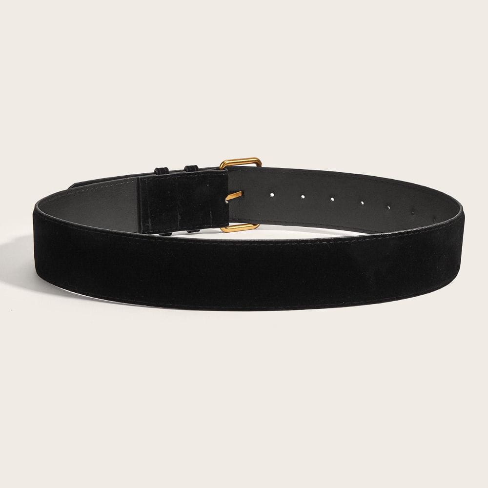 Ceinture large en velours noir pour femmes, avec une boucle à la finition dorée et une languette assortie, réalisée en matière daim.