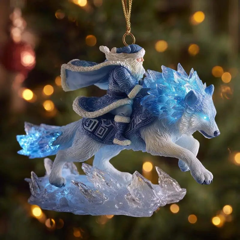 Une décoration de sapin de Noël en acrylique animal bleu et blanc, représentant le père Noël chevauchant un loup des glaces lumineux, avec des motifs détaillés sur sa robe pour la décoration du sapin de Noël.
