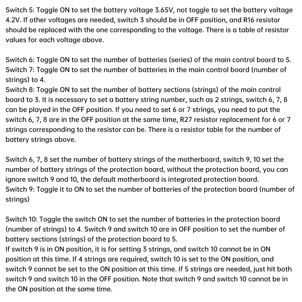 L’image montre un manuel d’instructions technique pour configurer les paramètres de batterie à l’arrière du module de carte de circuit imprimé de batterie externe de charge rapide 100 W, détaillant les fonctions de l’interrupteur et le remplacement des résistances.