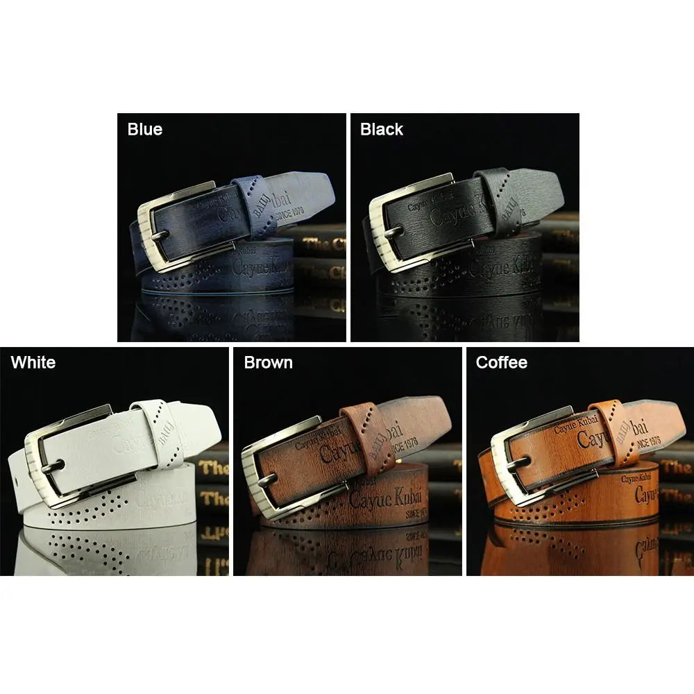 Ceinture en cuir pour homme, vintage, pour taille d’affaires, en bleu noir blanc brun et tons café, avec des boucles à ton argenté et une marque gaufrée.