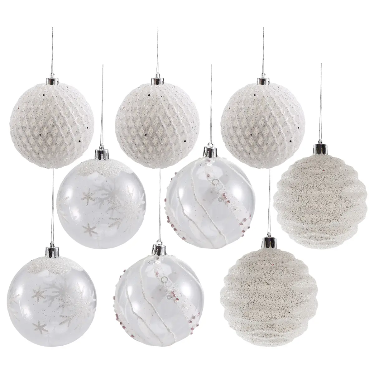 Set of eight white Christmas baubles with textured and clear shatterproof surfaces featuring subtle silver star patterns and glittery accents for tree decoration.