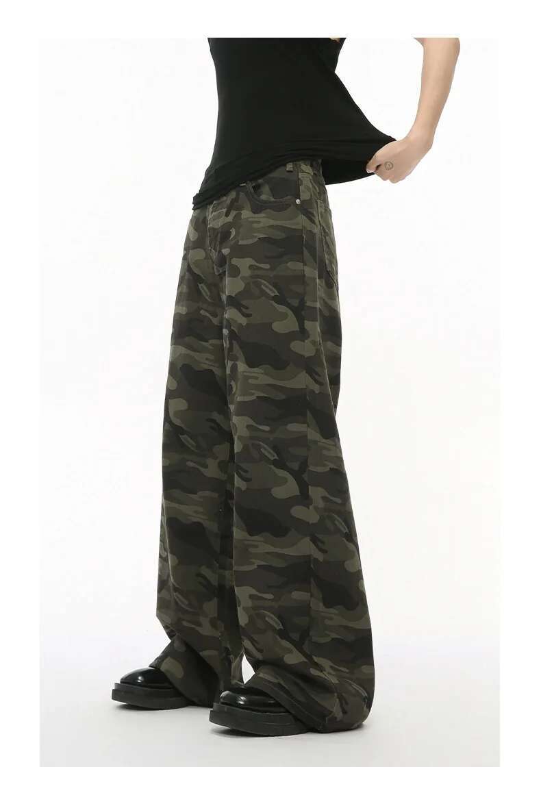 Iefb camouflage wide leg denim jeans in muted green and black soft denim fabric with a wide-leg silhouette.