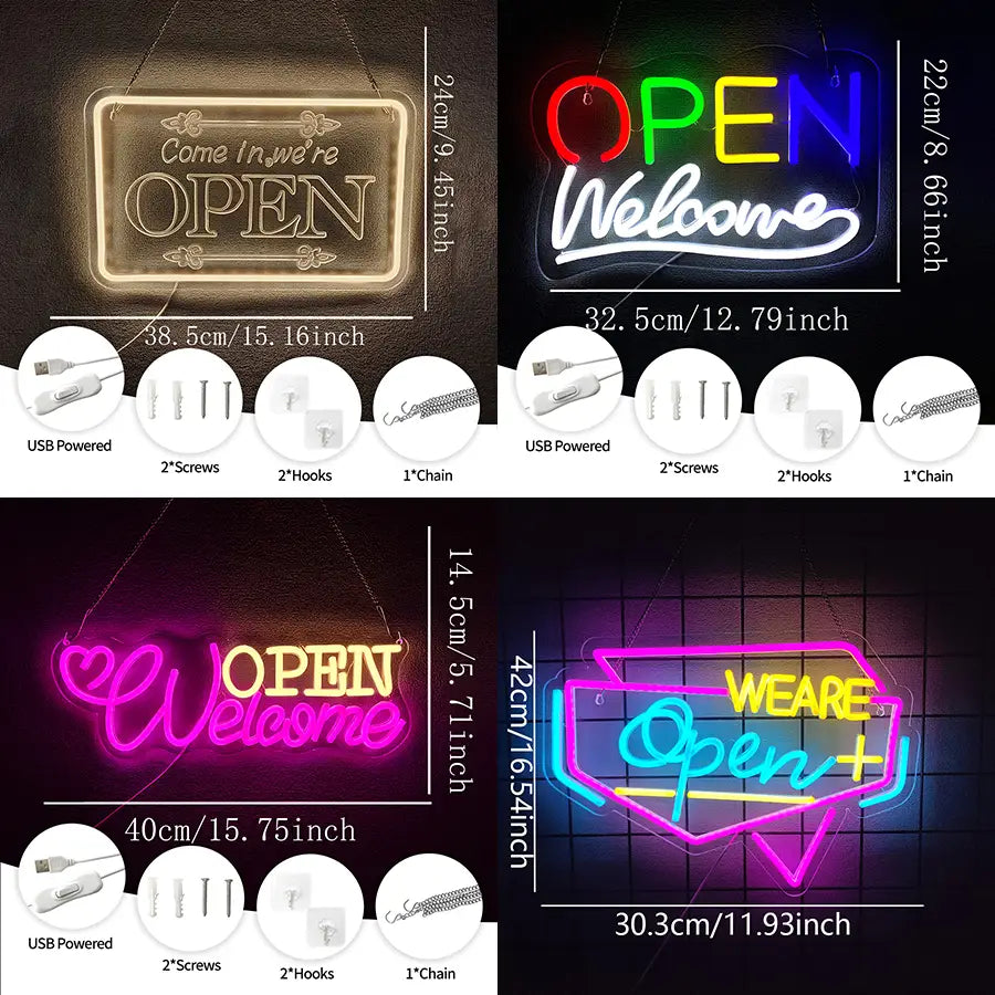 Enseigne au néon à LED ouverte, décoration murale alimentée par USB, avec un panneau néon multicolore lumineux affichant les mots « Ouvert » et « Bienvenue » dans un design de bulle de dialogue rectangulaire.
