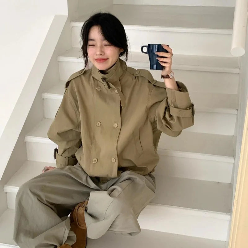 Women's Loose Short Trench Coat Solid Stand Collar Double Breasted Cropped Windbreaker 2026 New Autumn Casual Lady Trench Coats