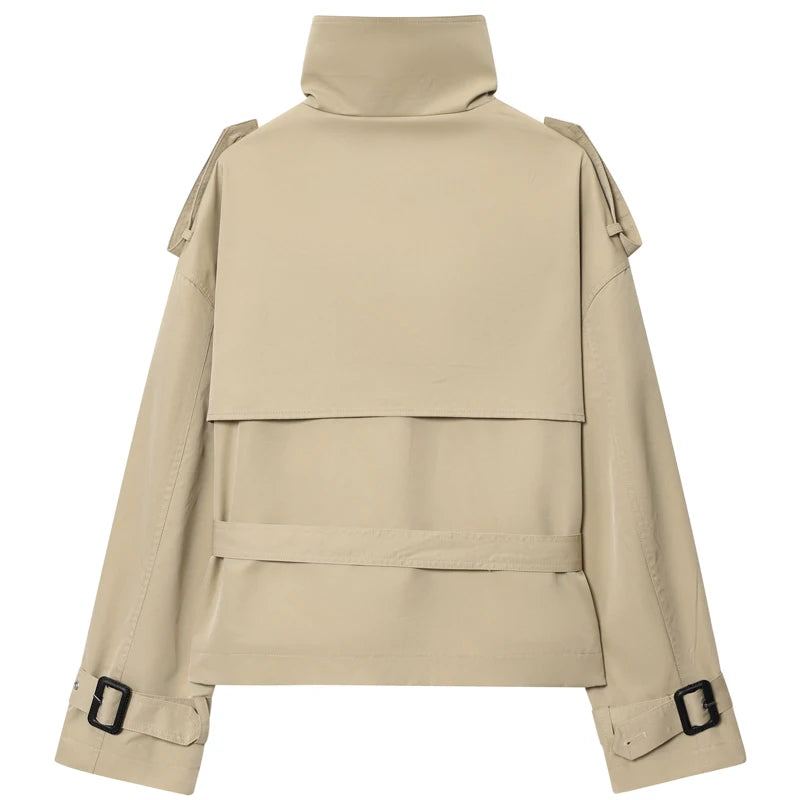 Women's Trench Coat Khaki Short Stand Collar Double Breasted Long Sleeve Jacket 2026Spring Autumn New Lady Casual Street Outwear