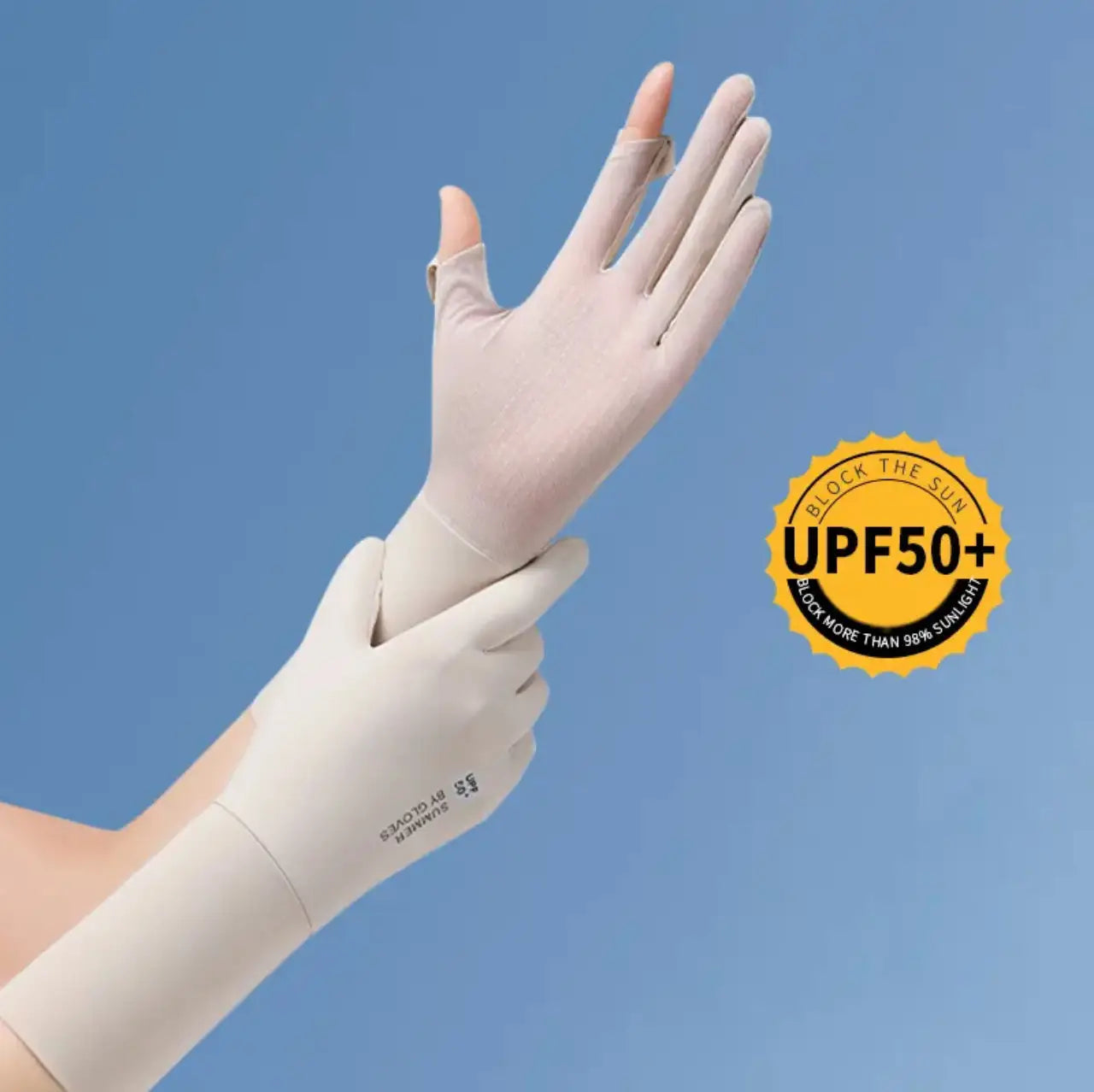 Gants de cyclisme pour femmes de couleur blanc cassé, assurant une protection contre les UV, fabriqués dans un tissu léger, avec un design sans doigts, affichés depuis le côté arrière, avec une note UPF 50+.
