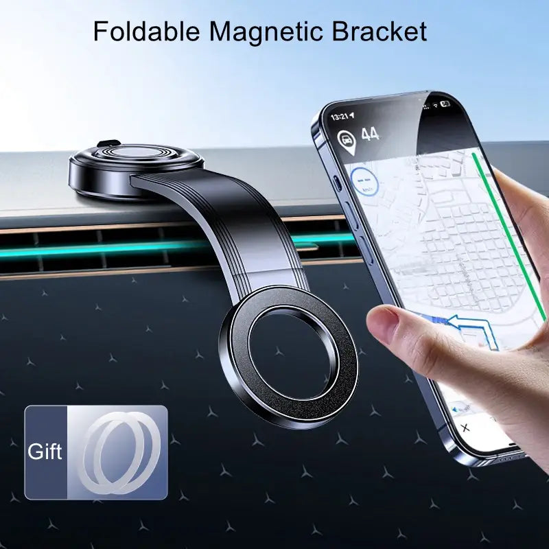 support de téléphone pour voiture pliable magnétique noir, avec un design minimaliste élégant, présenté de face