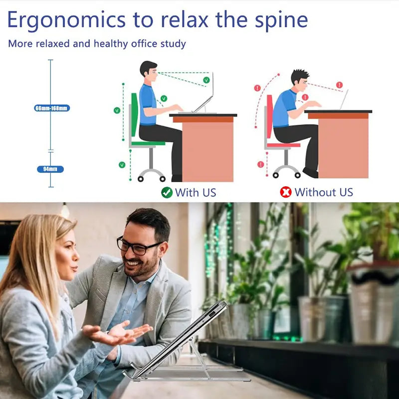 Support d’ordinateur portable réglable en aluminium argenté, à conception pliable, avec support incliné pour un usage ergonomique au bureau