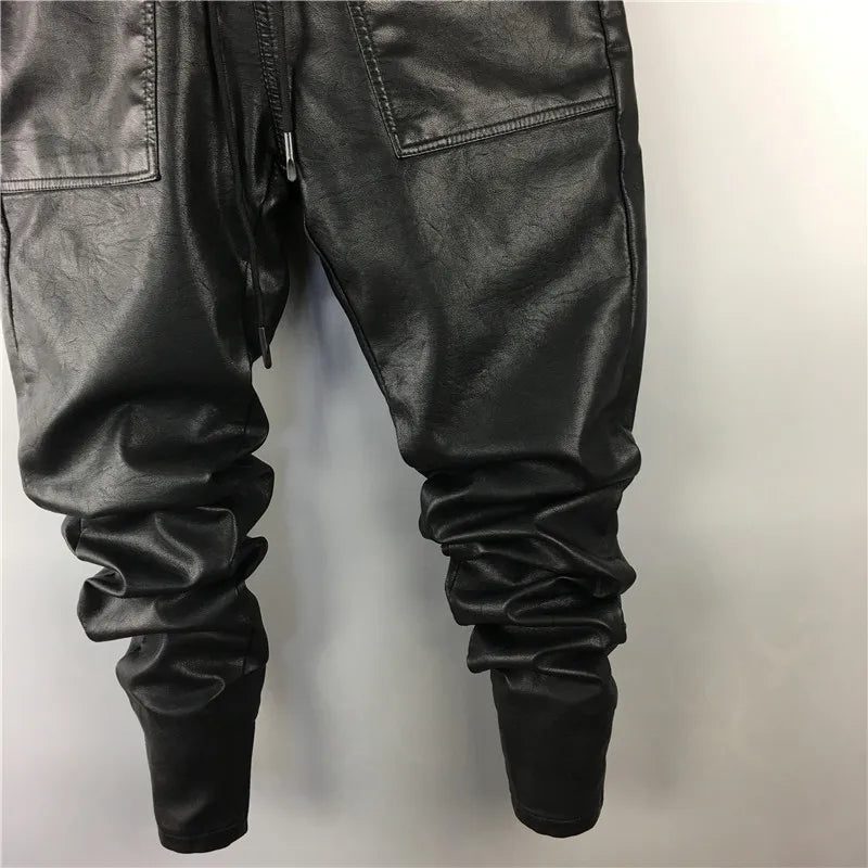 Men Casual Cargo Harem Pants High Street Hip Hop Length PU Faux Leather Sweatpants Autumn Winter Black Big Size