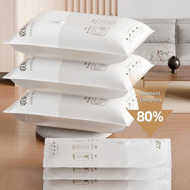 weiße transparente Vakuum-Aufbewahrungsbeutel aus Verbundmaterial aus PA+PE mit schwarzen, aufgedruckten Anweisungen zur platzsparenden Organisation