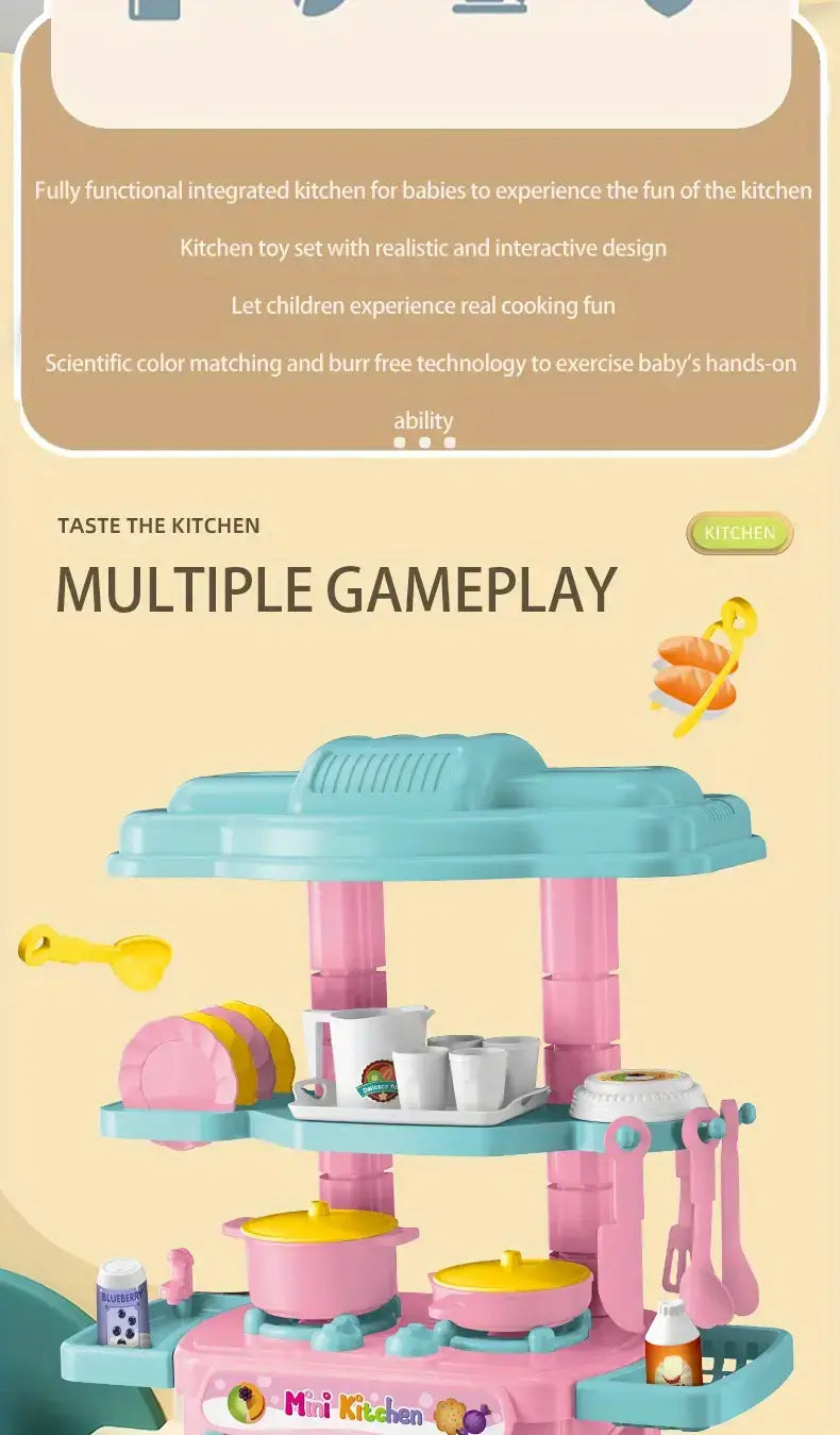 Kleines Küchen-Spielset mit pinkfarbenem und türkisfarbenem Kunststoffdesign sowie realistischen Kochzubehörteilen für Rollenspiel-Kochspielzeuge.