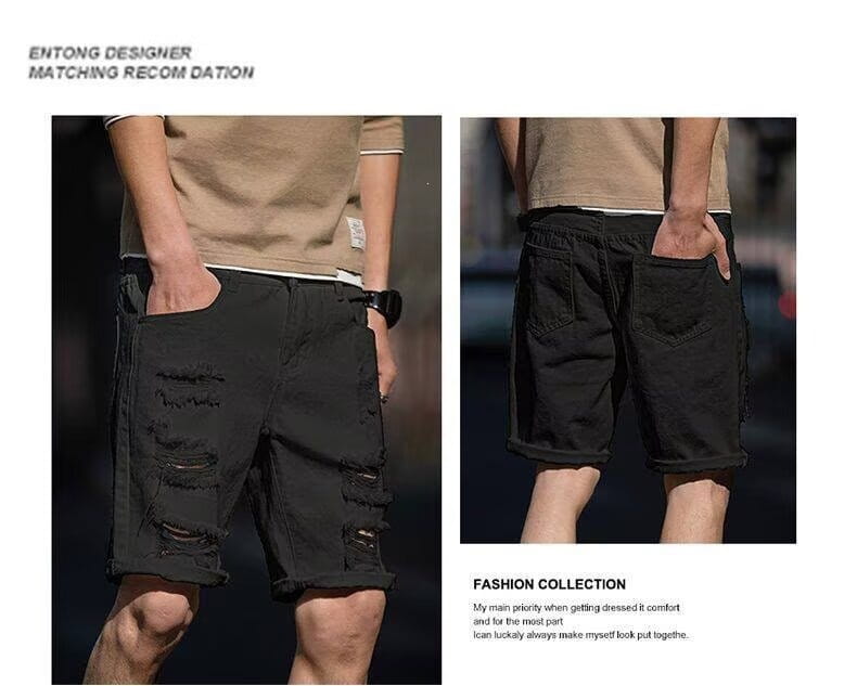 Short en denim noir délavé avec des détails déchirés et des revers roulés pour un style streetwear