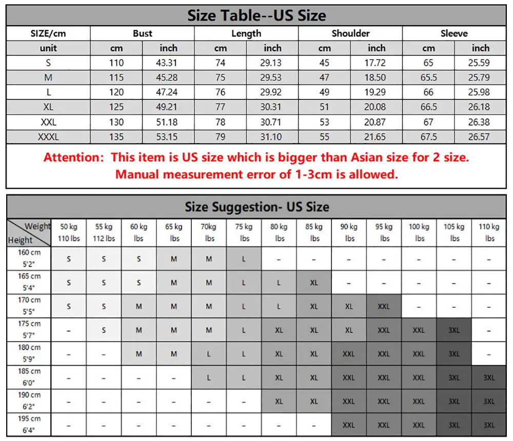 Us size clothing measurement chart with tables for bust length shoulder and sleeve in cm and inch units for mens cotton linen long sleeve casual shirt.
