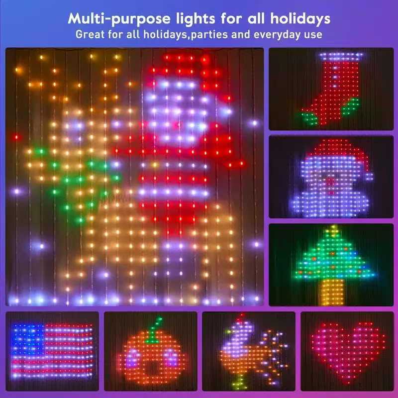 Smartes LED-Vorhanglicht RGB, per App gesteuert, für DIY-Weihnachtsdekoration; mit mehrfarbigen LED-Lichterketten und festlichen Weihnachtsmotiven wie Santa, Weihnachtsbäumen und Kürbissen; konform mit den EMV- und ROHS-Zertifizierungsstandards