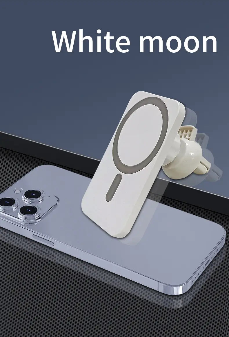 White moon magnetic car mount with sleek minimalist design and smooth white plastic finish for vikefon magnetic car wireless charger for iPhone.