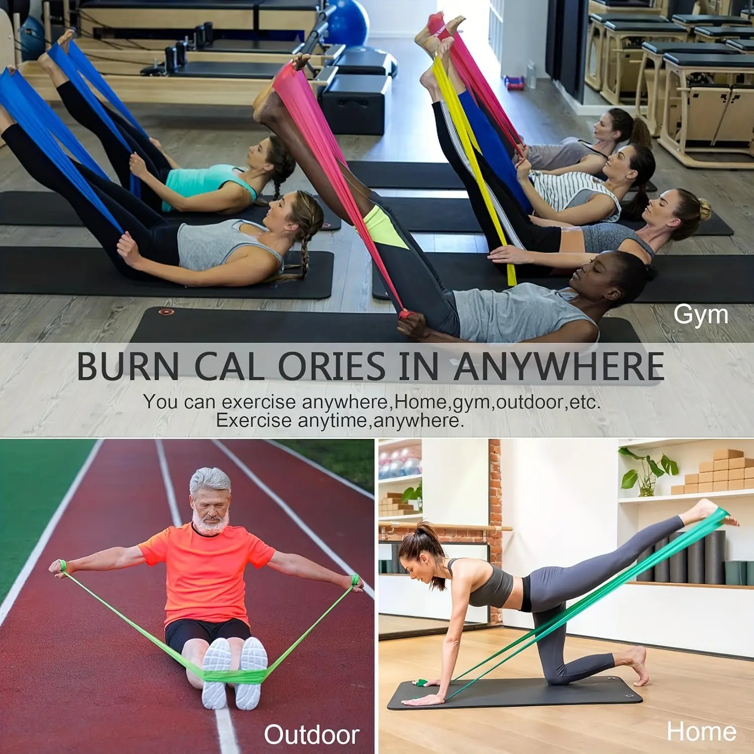 Colorful elastic resistance workout bands made of durable material for home fitness gym or outdoor exercises.