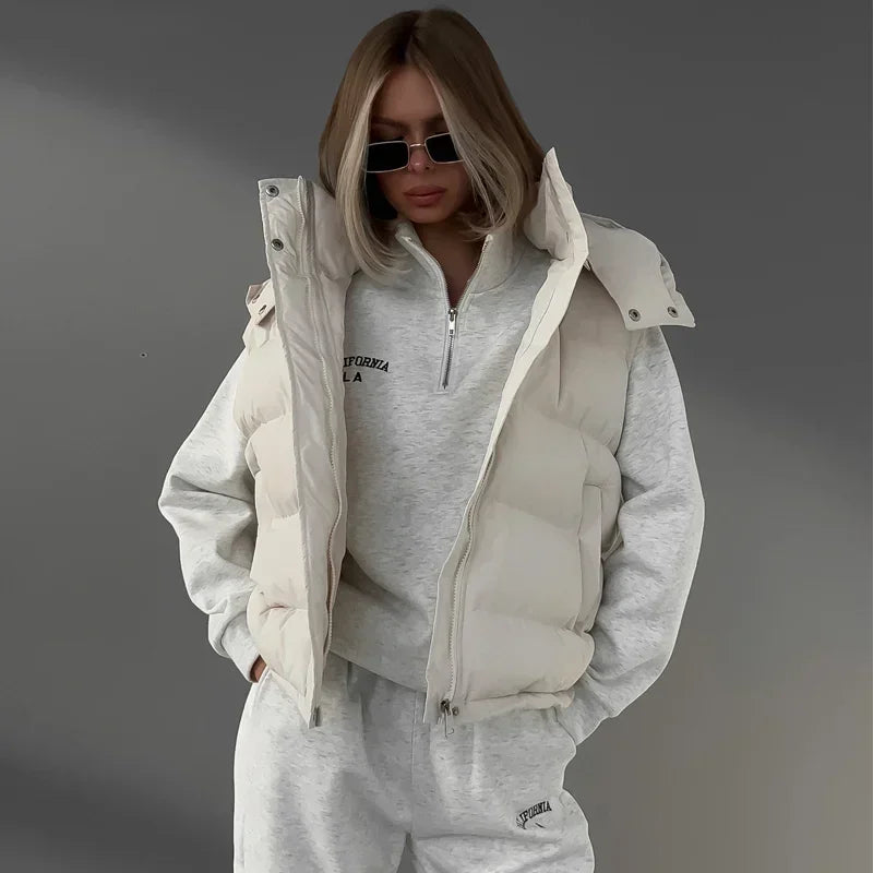 Winter Padded Vests For Woman Zipper Hooded Sleeveless Jacket and Waistcoats Fashion Warm Parkas Coat Outerwear Streetwear