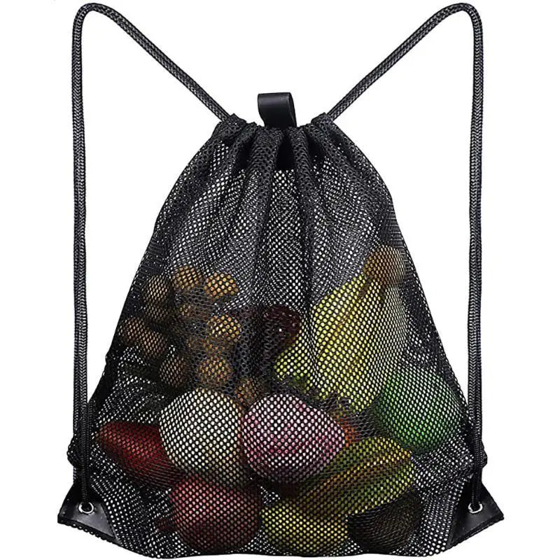 Mesh Drawstring Bag Backpack Black Mesh Bags Heavy Duty Soccer Ball Net Bag Equipment Bag For Gym Beach Swimming Gears