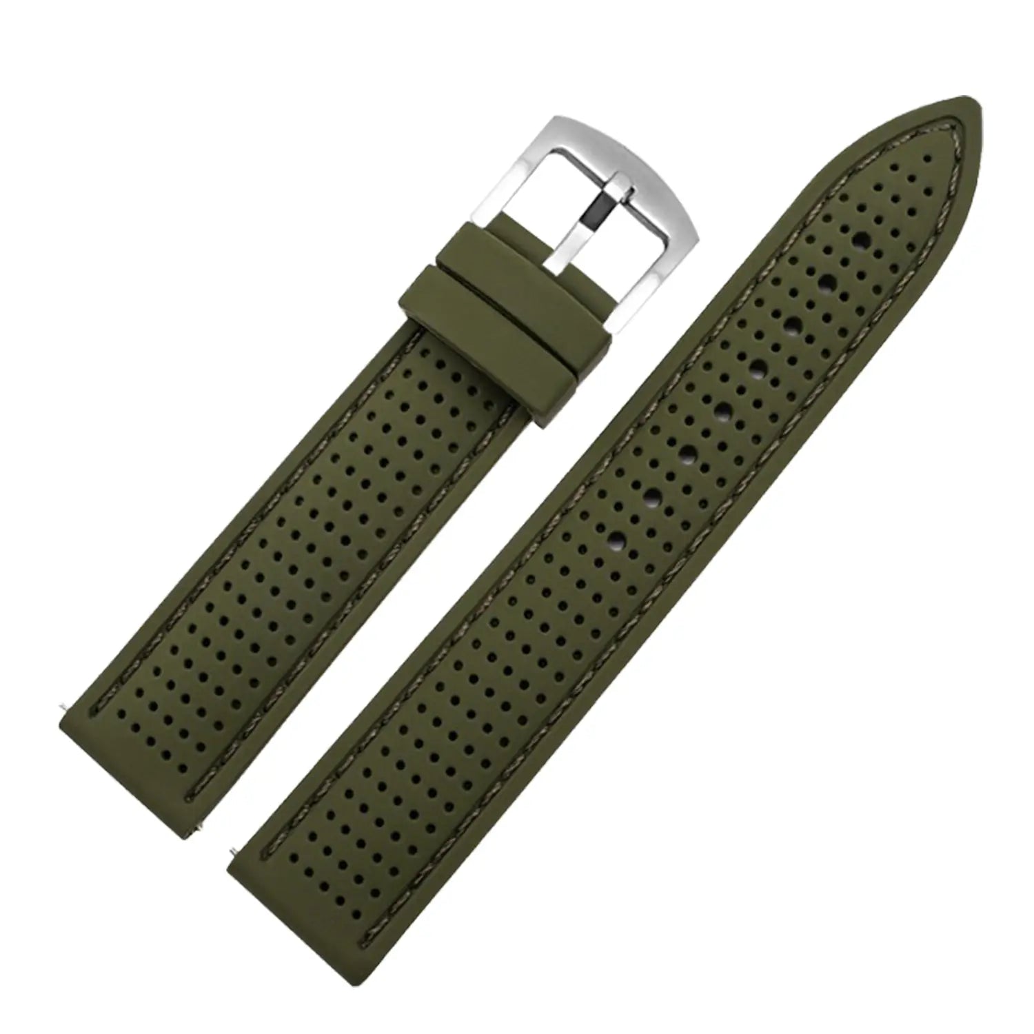 Olivgrünes perforiertes Silikon-Uhrenarmband mit schnallenartigem Verschluss in Silberton, kompatibel mit 20 mm, 22 mm und 24 mm Schnellverschluss-Uhren
