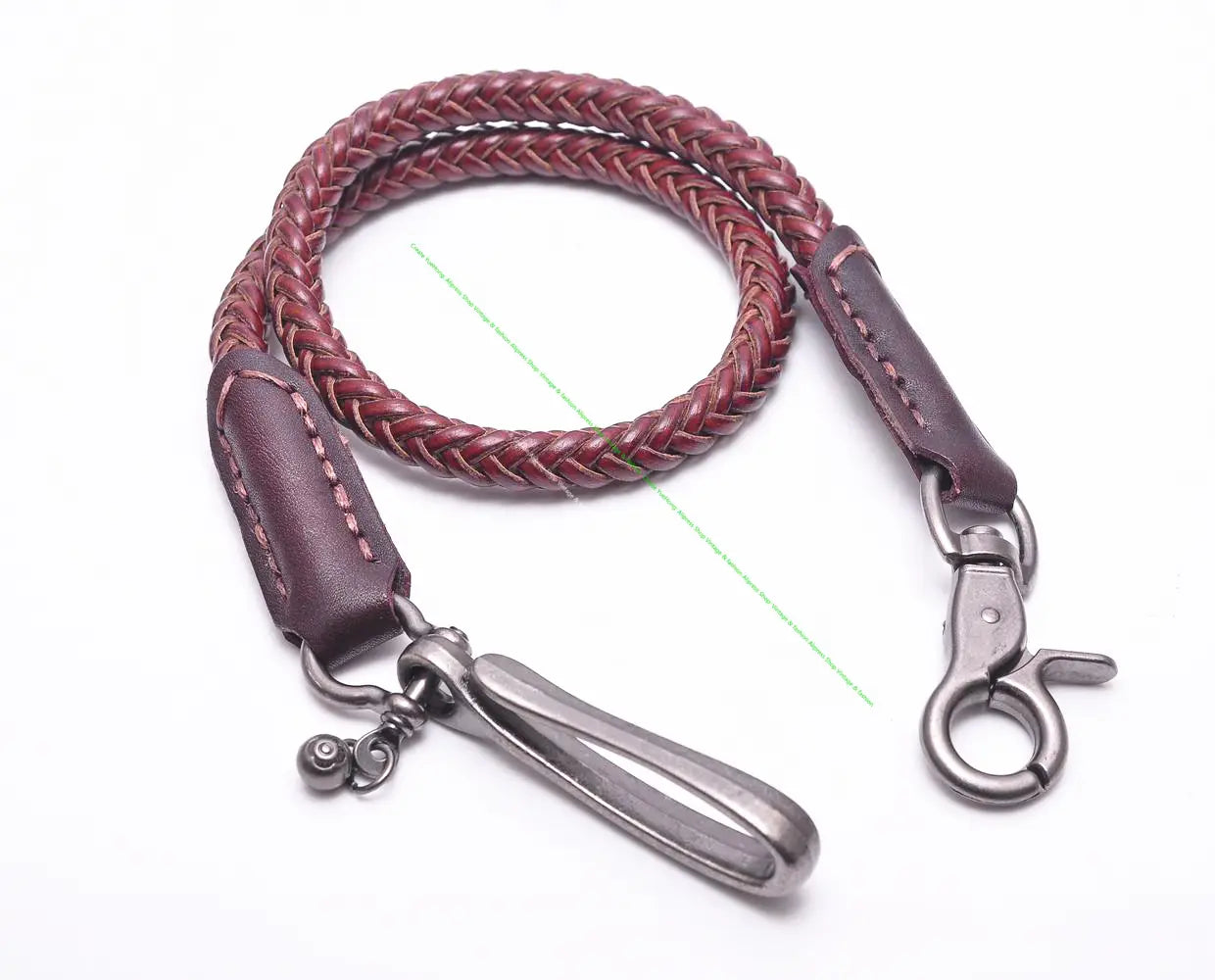 A braided maroon leather biker wallet chain with dark brown stitched ends and a silver-toned metal clasp for punk jeans accessory.
