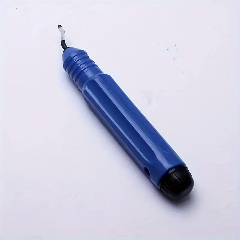 Blue plastic-handled resin epoxy trimming tool with a black tip and metallic curved end for manual jewelry cutting.