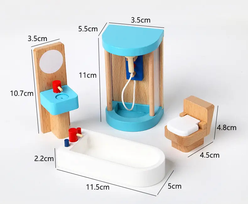 Blaues und hölzernes Spielbad-Set für Puppenhaus mit einer Dusche, einem Waschbecken, einer Toilette und einer Badewanne aus dem Holz-Puppenhaus-Möbelset für Kinder als Miniaturspielzeug.
